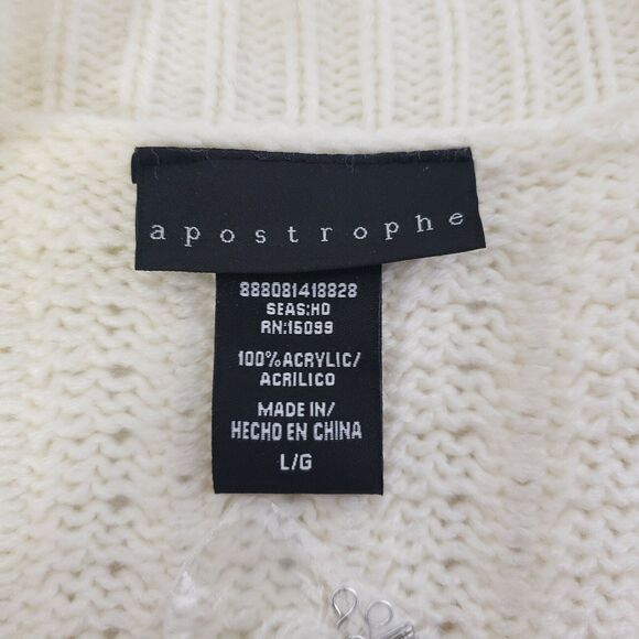 Apostrophe Womens Cardigan Sweater Large Pom Pom Cream Gray Tie Front 3/4 Sleeve - Picture 8 of 10